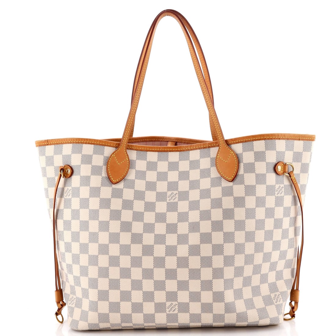 Louis Vuitton Neverfull NM Tote Damier MM: Louis Vuitton Neverfull NM Tote Damier MM White Louis Vuitton Neverfull NM Tote Damier MM in Fair Condition. This canvas coated tote features a classic Damier MM pattern, gold hardware, and a neutral 