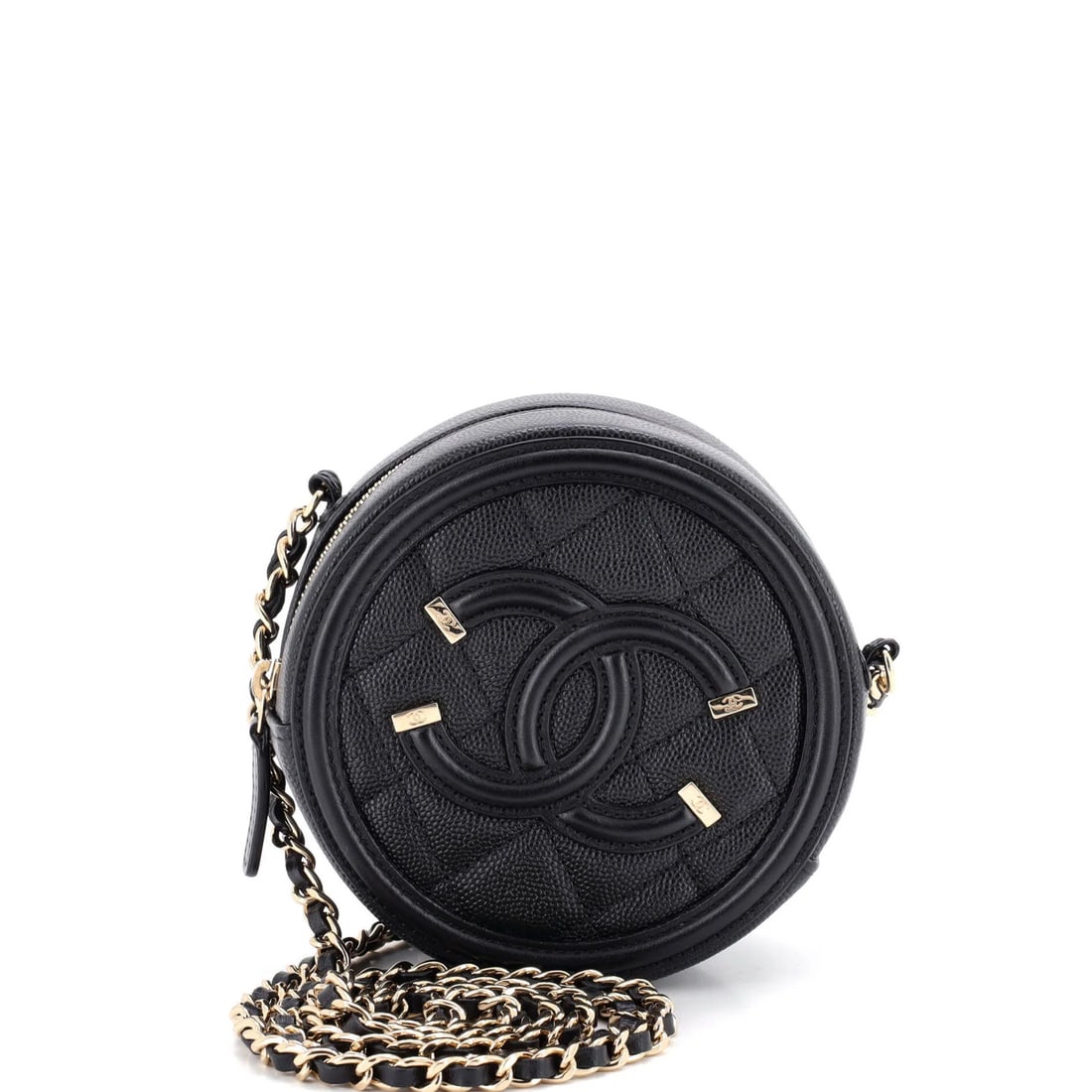 Mini Clutch Round Caviar Quilted Chain Filigree Chanel: Mini Clutch Round Caviar Quilted Chain Filigree Chanel Black leather mini cross body bag with a round filigree clutch and chain details, featuring a quilted caviar design. The bag measures 5" in heigh