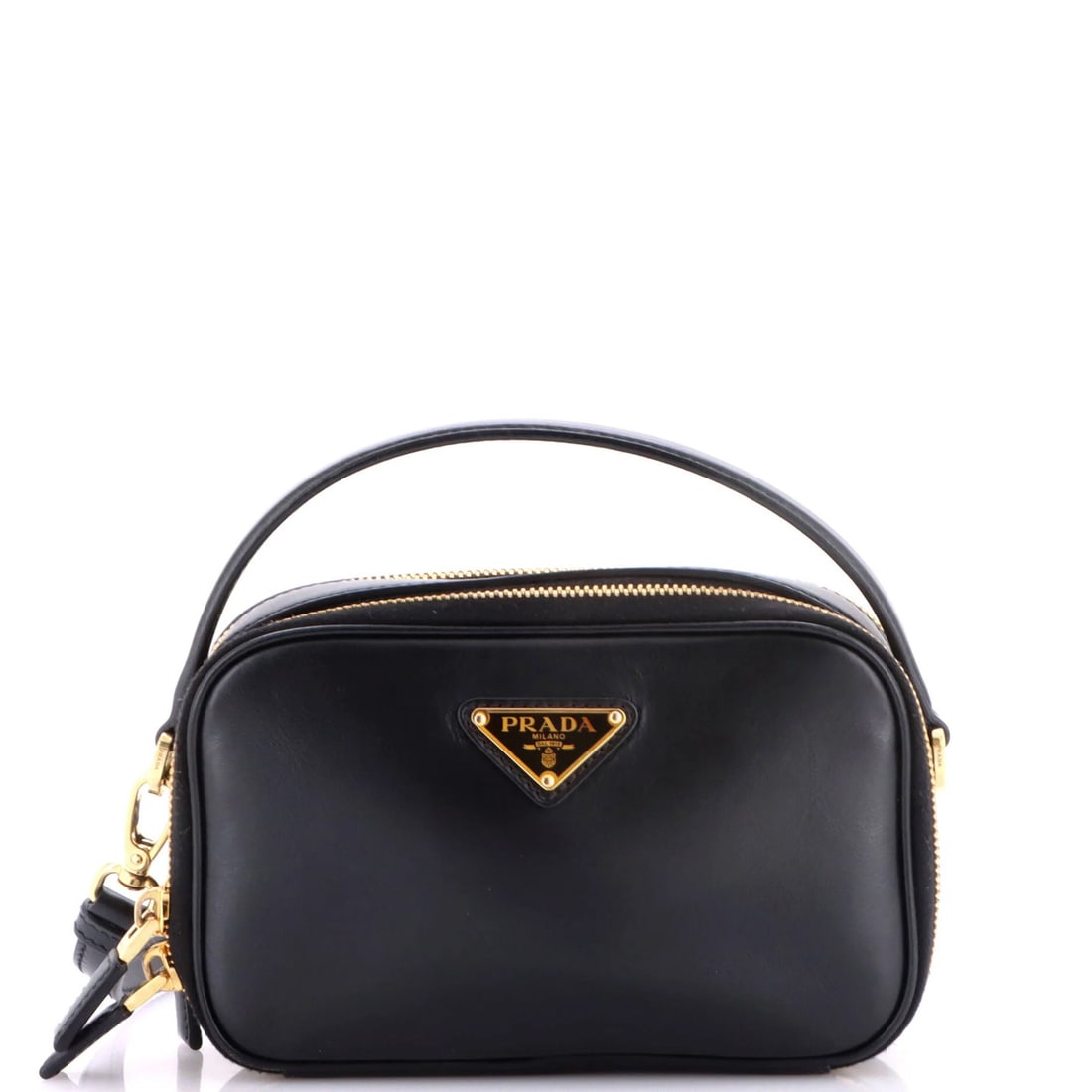 Leather Mini Top Handle Bag Prada Odette: Leather Mini Top Handle Bag Prada Odette Black leather mini top handle bag with gold hardware, featuring a classic cross body design. The bag measures 4.5" tall and 7" wide, with a 2.5" depth and a