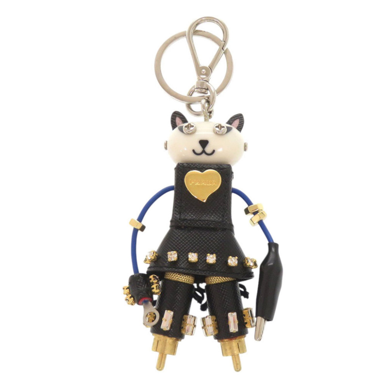 Prada metal leather keyring: Prada metal leather keyring Black and white Prada metal leather keyring, made from high-quality leather and metal, is a sleek accessory for everyday use. The keyring's metal and leather combination