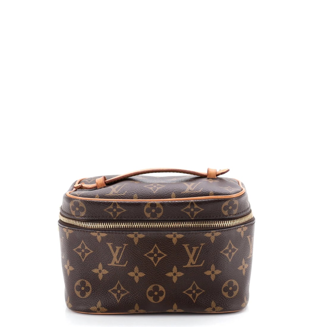 Vanity Case Monogram Canvas Mini Louis Vuitton: Vanity Case Monogram Canvas Mini Louis Vuitton Brown canvas coated mini Louis Vuitton vanity case with a neutral leather interior, featuring gold hardware and a monogram canvas exterior. The case has 