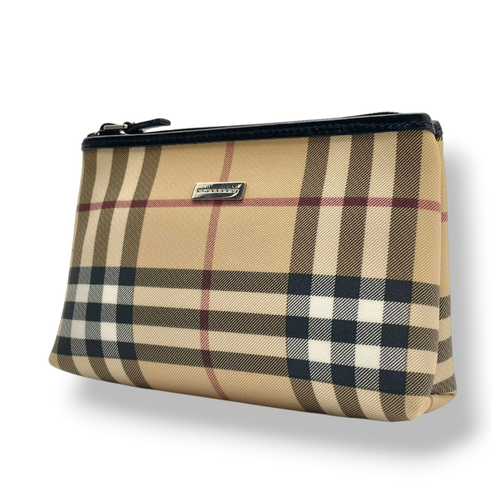 Pouch PVC Leather: Pouch PVC Leather Pouch made from a unique combination of PVC and leather, available in beige and black colors. The Italian design features a compact 12cm x 18cm x 5cm size, making it a convenient acc