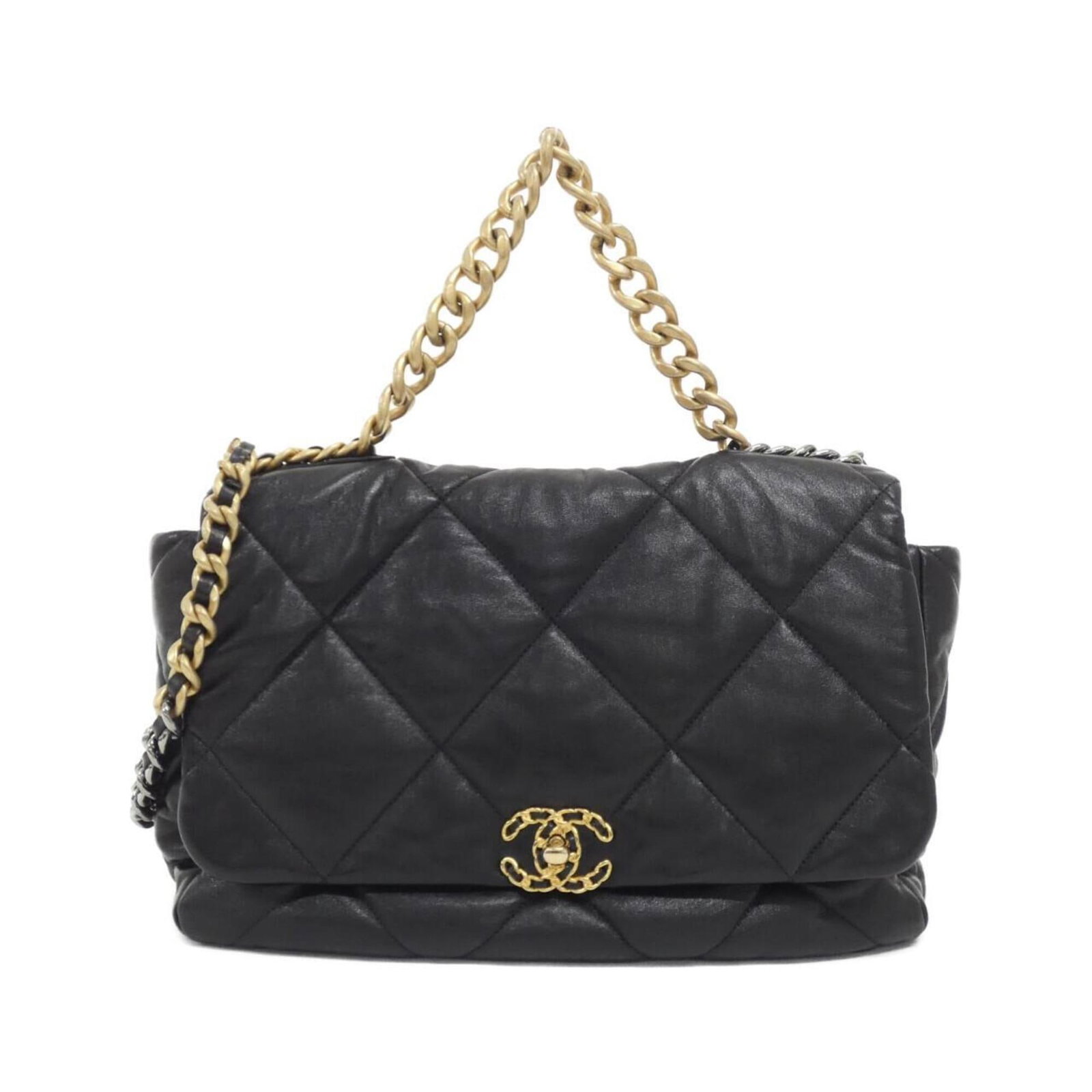 Shoulder Bag Leather Chanel: Shoulder Bag Leather Chanel Black leather shoulder bag with gold and silver hardware, made from high-quality goatskin. This stylish bag measures 25cm x 35cm x 10cm and features a sleek, classic
