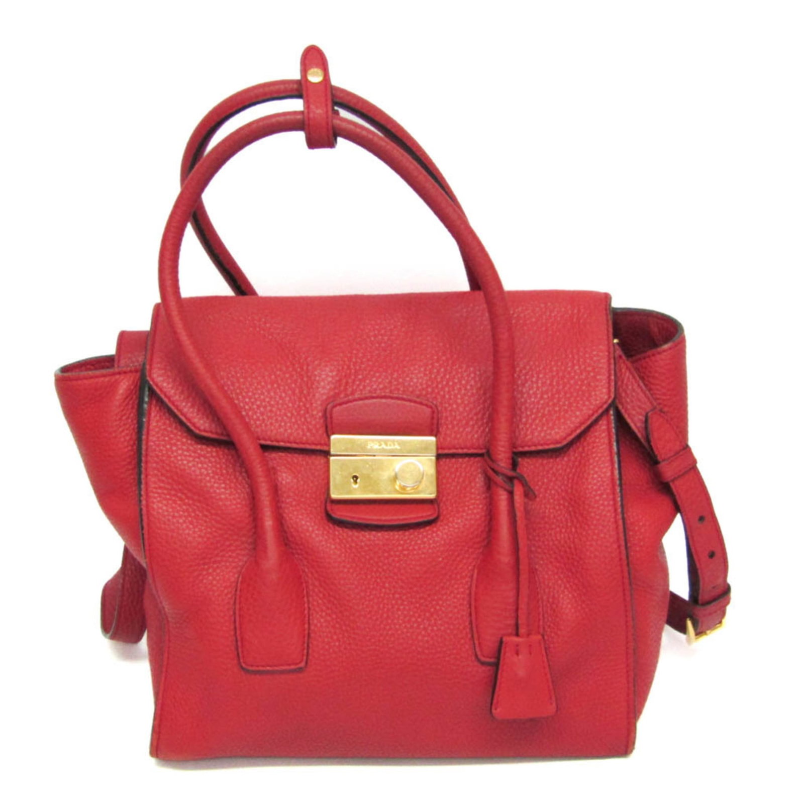 Prada Handbag Shoulder Bag Leather: Prada Handbag Shoulder Bag Leather This Prada VIT DAINO shoulder bag boasts a striking red ROSSO leather exterior, adorned with gold hardware and a sleek gold push lock closure. The bag features