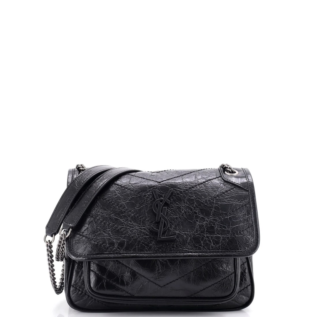 Matelasse Leather Baby Chevron Chain Niki Flap Bag Saint Laurent: Matelasse Leather Baby Chevron Chain Niki Flap Bag Saint Laurent Matelasse Leather Baby Chevron Chain Niki Flap Bag from Saint Laurent, featuring a chic black exterior with minor scuffs and creases,
