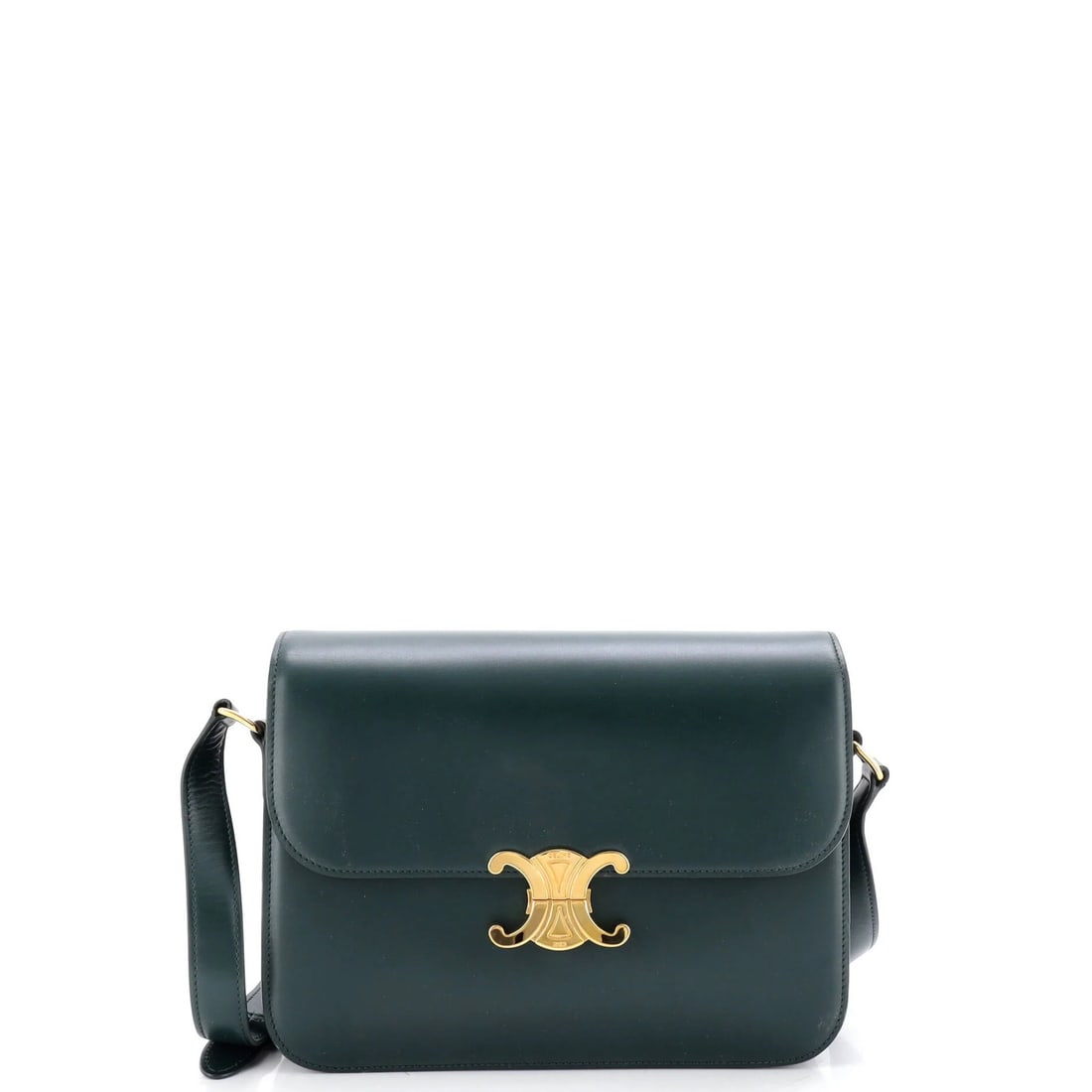 Calfskin Large Shoulder Bag Smooth Celine Triomphe: Calfskin Large Shoulder Bag Smooth Celine Triomphe Calfskin Large Shoulder Bag from Celine's iconic Triomphe style, featuring a smooth exterior in rich green leather. This cross-body bag boasts a