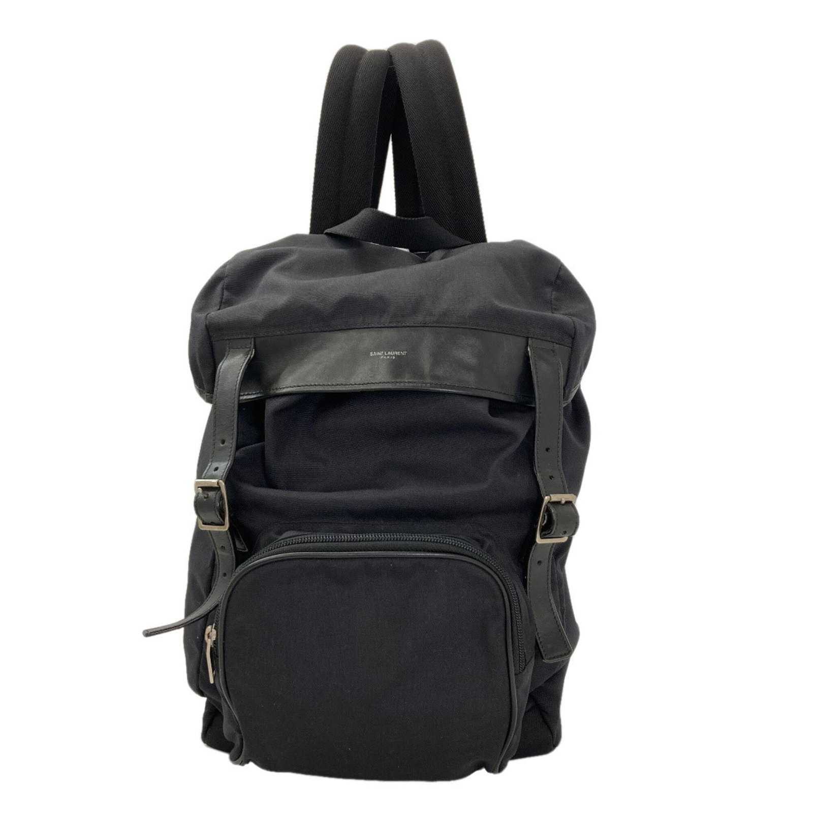 Laurent Saint Backpack Canvas: Laurent Saint Backpack Canvas Canvas backpack from Saint Laurent, featuring a sleek black design with a 38cm x 27cm x 12cm size. This stylish backpack is made from high-quality canvas material and