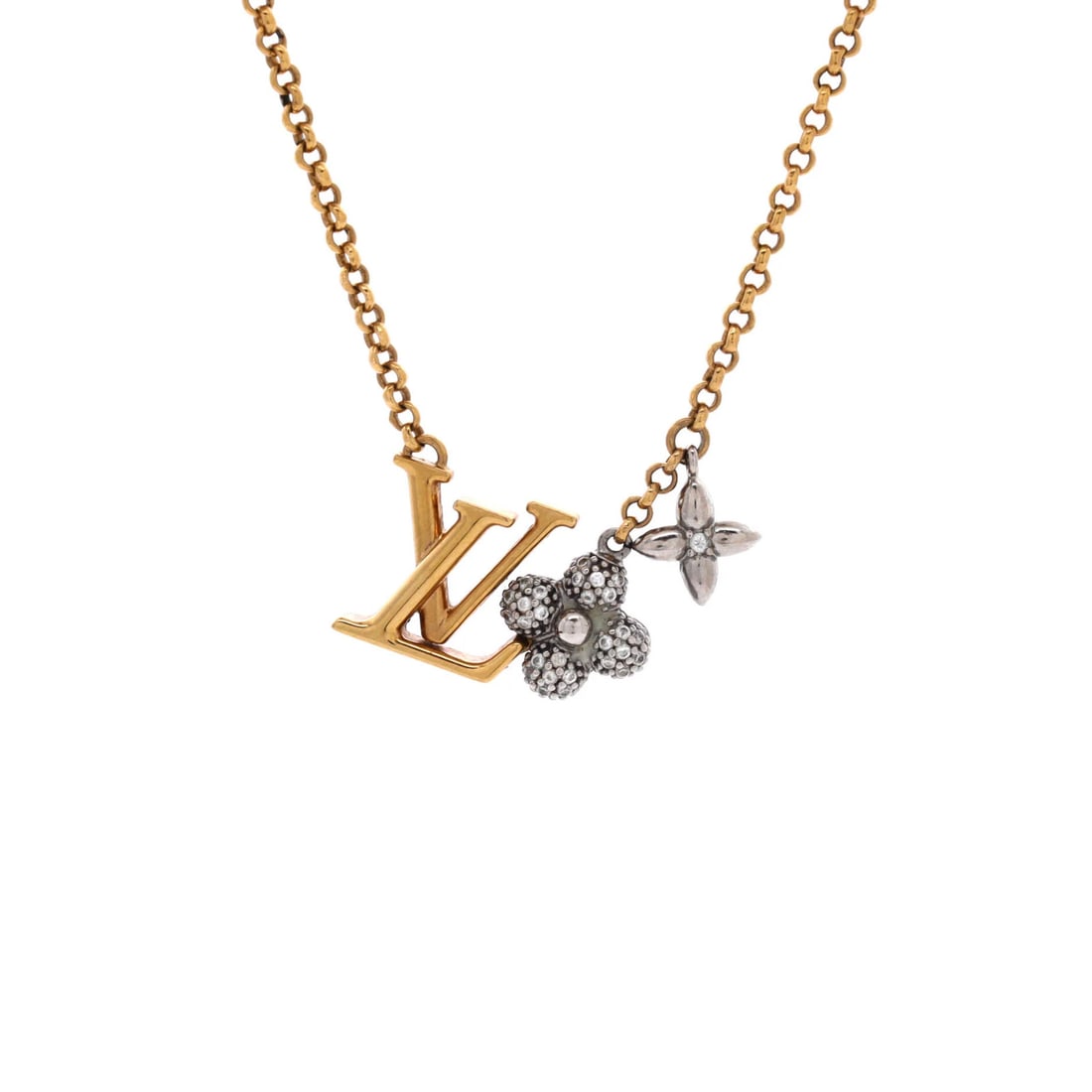Louis Vuitton LV Gram Pendant Necklace Metal Crystals: Louis Vuitton LV Gram Pendant Necklace Metal Crystals Gold and crystal details adorn the LV Gram Pendant Necklace, a stylish accessory featuring a gold metal design with crystals. The necklace measure