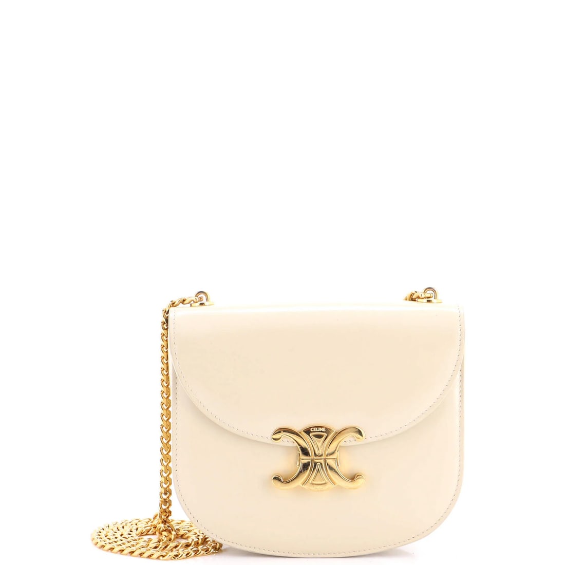 Clea Chain Leather Bag Triomphe Flap Besace: Clea Chain Leather Bag Triomphe Flap Besace The Clea Chain Leather Bag Triomphe Flap Besace is a neutral-toned, leather shoulder bag with a gold chain flap. Measuring 6" in height, 7" in width, and 2"