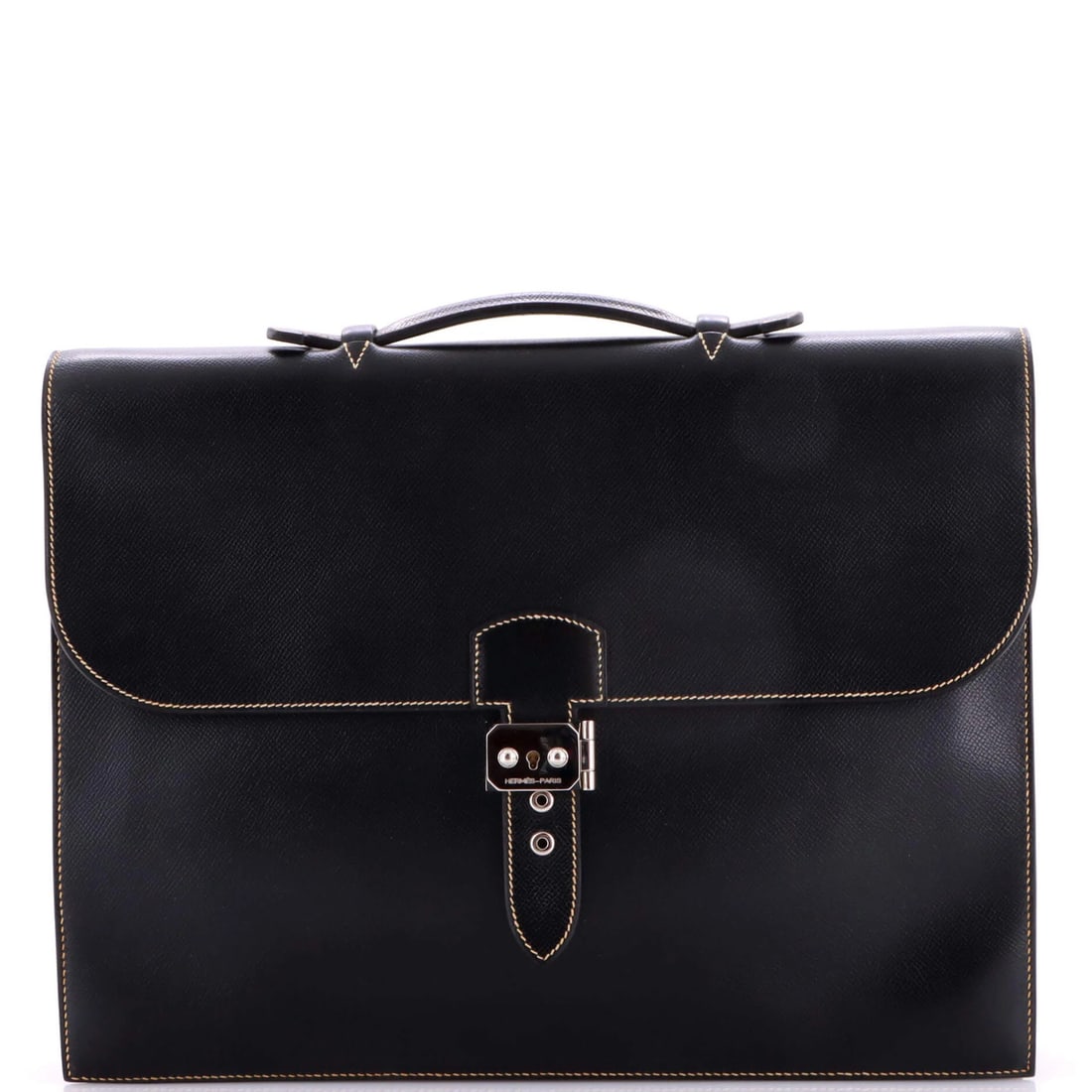 Sac a Depeches Hermes Epsom 38: Sac a Depeches Hermes Epsom 38 Sac a Depeches Hermes Epsom 38 in Black Leather, a timeless and sophisticated briefcase with a Palladium palladium hardware, measuring 12" high, 15" wide, and 2.5" deep,
