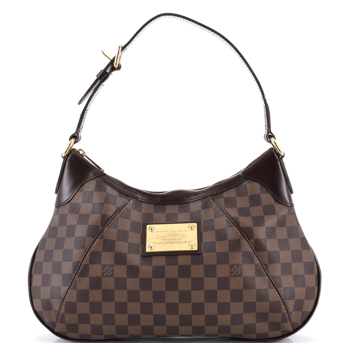 Handbag Damier Louis Vuitton Thames GM: Handbag Damier Louis Vuitton Thames GM Brown Louis Vuitton Thames GM Damier GM Handbag with Scuffs and Minor Wear. This canvas-coated handbag features a classic Damier GM pattern and measures 9.5"