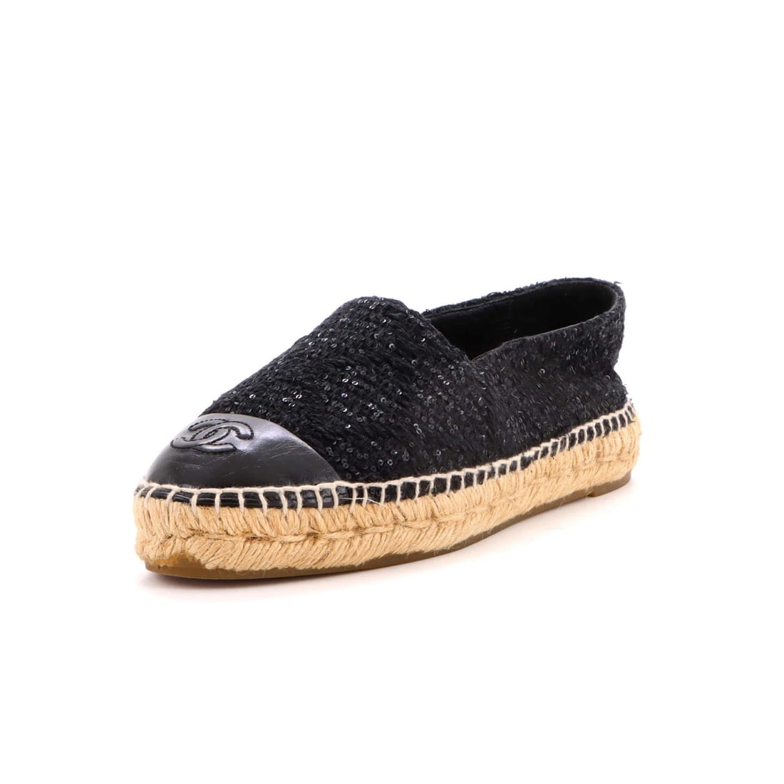 Chanel Women's CC Cap Toe Espadrilles Tweed with Leather: Chanel Women's CC Cap Toe Espadrilles Tweed with Leather Black leather and tweed upper, featuring a classic cap toe design, make these Chanel Women's CC Espadrilles a stylish and versatile choice. The