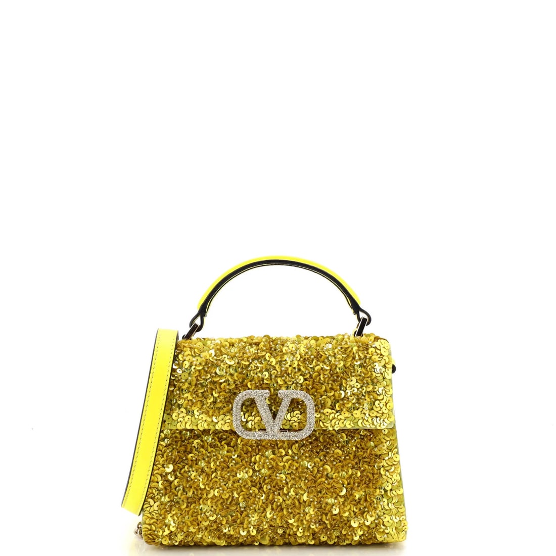 Valentino Garavani VSling Top Handle Bag Sequins Mini: Valentino Garavani VSling Top Handle Bag Sequins Mini Yellow Sequins Mini Top Handle Bag from Valentino Garavani features a striking exterior with leather and sequins, adding a touch of glamour to