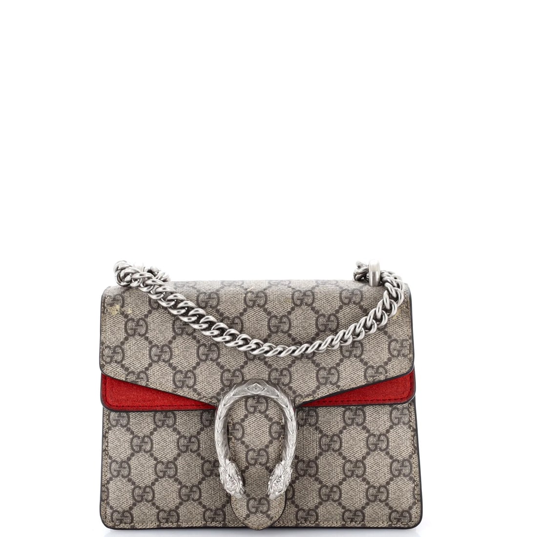 Gucci Coated Canvas Bag GG Dionysus Mini: Gucci Coated Canvas Bag GG Dionysus Mini The Gucci Coated Canvas Bag GG Dionysus Mini boasts a stylish brown exterior with a canvas coated finish, complemented by suede interior and aged silver hardwa
