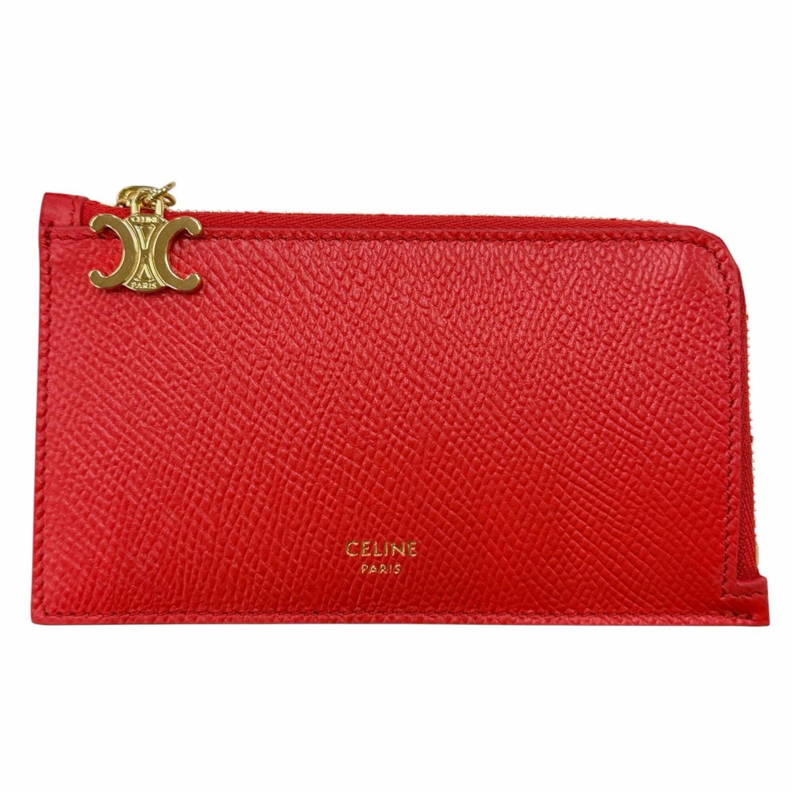 Case Leather Business Celine Card: Case Leather Business Celine Card Red leather business card case from Celine, featuring a classic design with a zipper closure. Made from high-quality leather, this compact case measures 7.5cm x 13cm