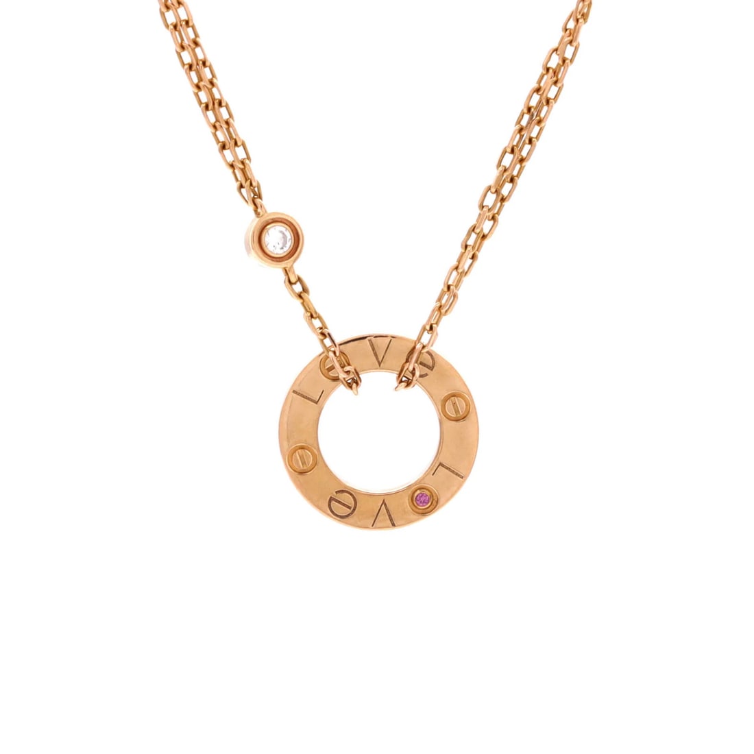 Diamonds Love Pendant Necklace Rose Gold with Pink Sapphire 18K Cartier: Diamonds Love Pendant Necklace Rose Gold with Pink Sapphire 18K Cartier 18K Rose Gold with Pink Sapphire and Diamond Pendant Necklace from Cartier's 2 Diamonds Love Pendant Necklace.This exquisite