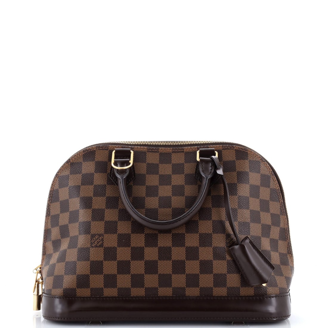 Louis Vuitton Alma Handbag Damier PM: Louis Vuitton Alma Handbag Damier PM Brown Louis Vuitton Alma Handbag Damier PM features a canvas coated exterior with heavy corner wear, scuffs, and creases, and measures 9" tall, 12" wide, and 6"
