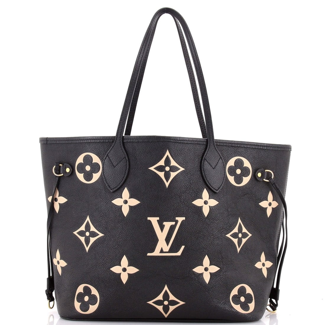 Giant Bicolor Monogram Empreinte Tote Neverfull MM Vuitton Louis: Giant Bicolor Monogram Empreinte Tote Neverfull MM Vuitton Louis Black Giant Bicolor Monogram Empreinte Louis Vuitton Neverfull MM Tote measures 11" high, 12" wide, and 7" deep, with a sturdy leather