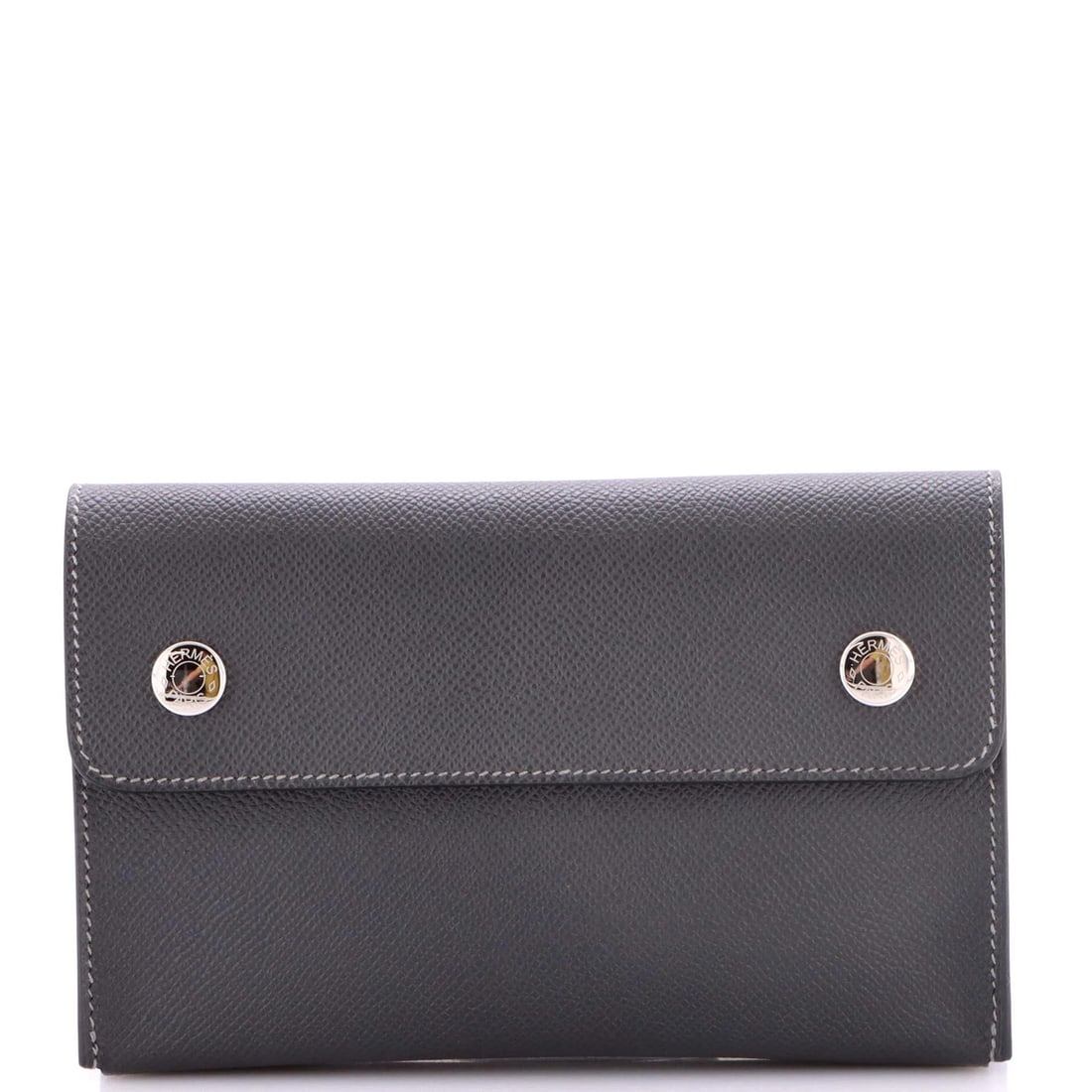 Double Snap Pochette Crossbody Epsom: Double Snap Pochette Crossbody Epsom Gray leather Double Snap Pochette Crossbody Epsom with minor scuffs and creases, palladium hardware, and interior leather. This stylish bag measures 4.5" tall, 7"