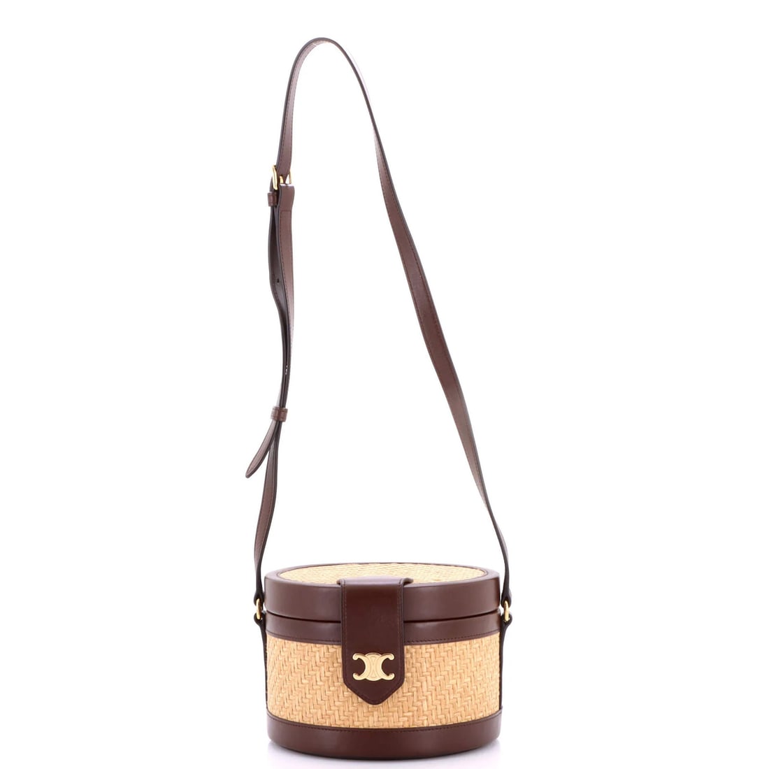 Celine Tambour Bag Triomphe Raffia and Leather Medium: Celine Tambour Bag Triomphe Raffia and Leather Medium The Celine Tambour Bag Triomphe Raffia and Leather Medium features a unique combination of brown leather and raffia, creating a distinctive and