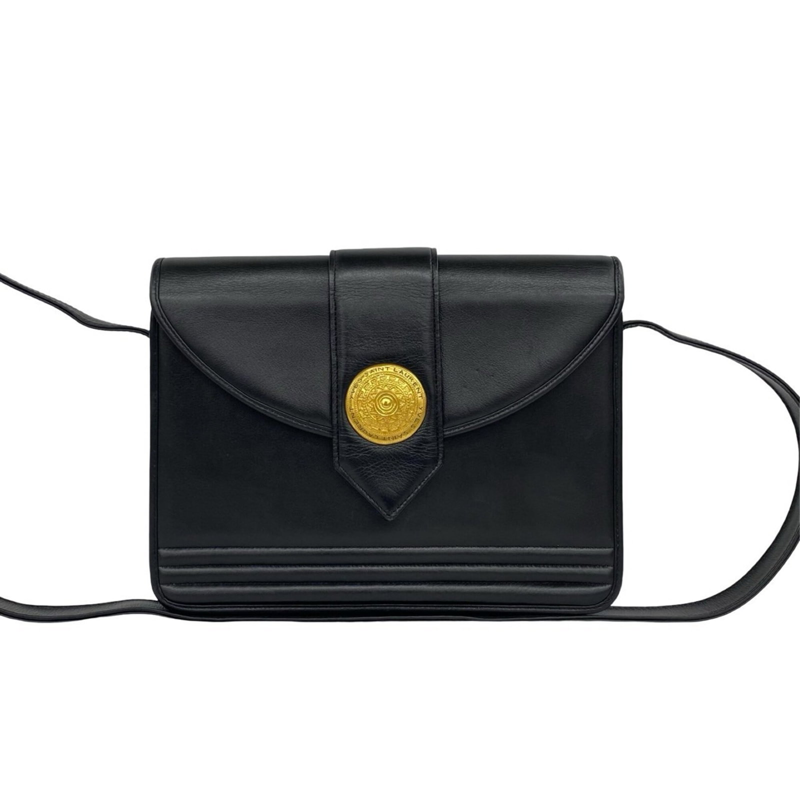 Saint Laurent Yves Leather Shoulder Bag: Saint Laurent Yves Leather Shoulder Bag Black leather shoulder bag from Yves Saint Laurent, featuring a sleek design with a rectangular shape and a flat top. The bag measures 20.5cm x 26cm x 5cm and