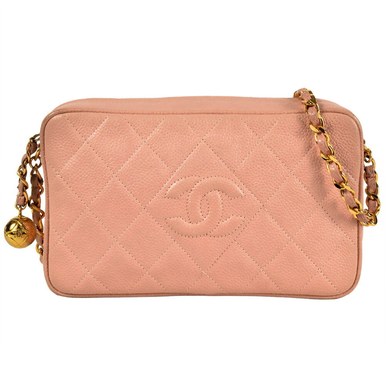 Calfskin Grained Chanel Bag Shoulder: Calfskin Grained Chanel Bag Shoulder Grained calfskin gives this pink Chanel shoulder bag a luxurious feel, while its 12cm x 21cm x 7cm dimensions make it a compact and stylish accessory. The bag's