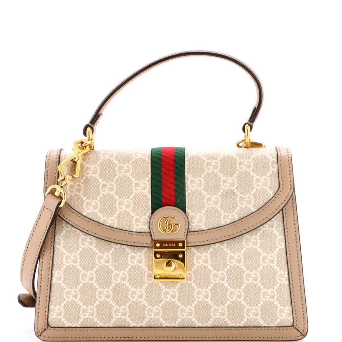 Flap Top Handle Small GG Coated Canvas Bag Gucci: Flap Top Handle Small GG Coated Canvas Bag Gucci Gucci's Ophidia Flap Top Handle Small Bag boasts a neutral exterior with minor scuffs and edge wear, while its canvas-coated exterior and fabric interi