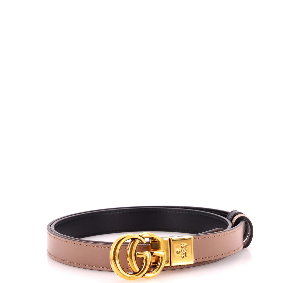 Marmont Gucci Thin Leather Belt Reversible GG: Marmont Gucci Thin Leather Belt Reversible GG Brown Marmont Gucci Thin Leather Reversible GG Belt with Gold Hardware, featuring a reversible design and scuffs throughout. Made from high-quality thin l