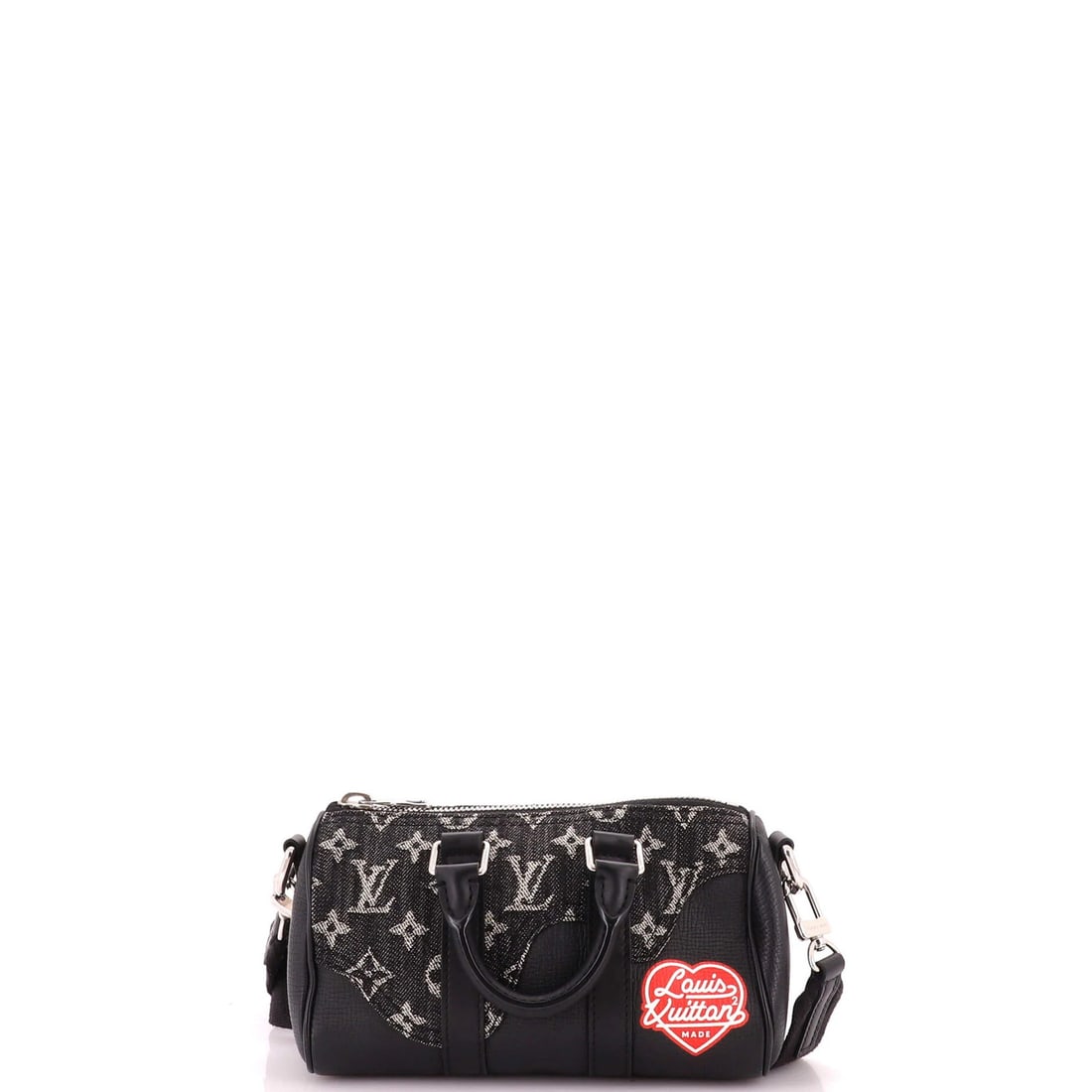 Vuitton Louis Nigo Bandouliere Monogram Denim Leather Taurillon Keepall Bag: Vuitton Louis Nigo Bandouliere Monogram Denim Leather Taurillon Keepall Bag Black Vuitton Louis Nigo Bandouliere Monogram Denim Leather Taurillon Keepall Bag with Strap, featuring a unique denim and t