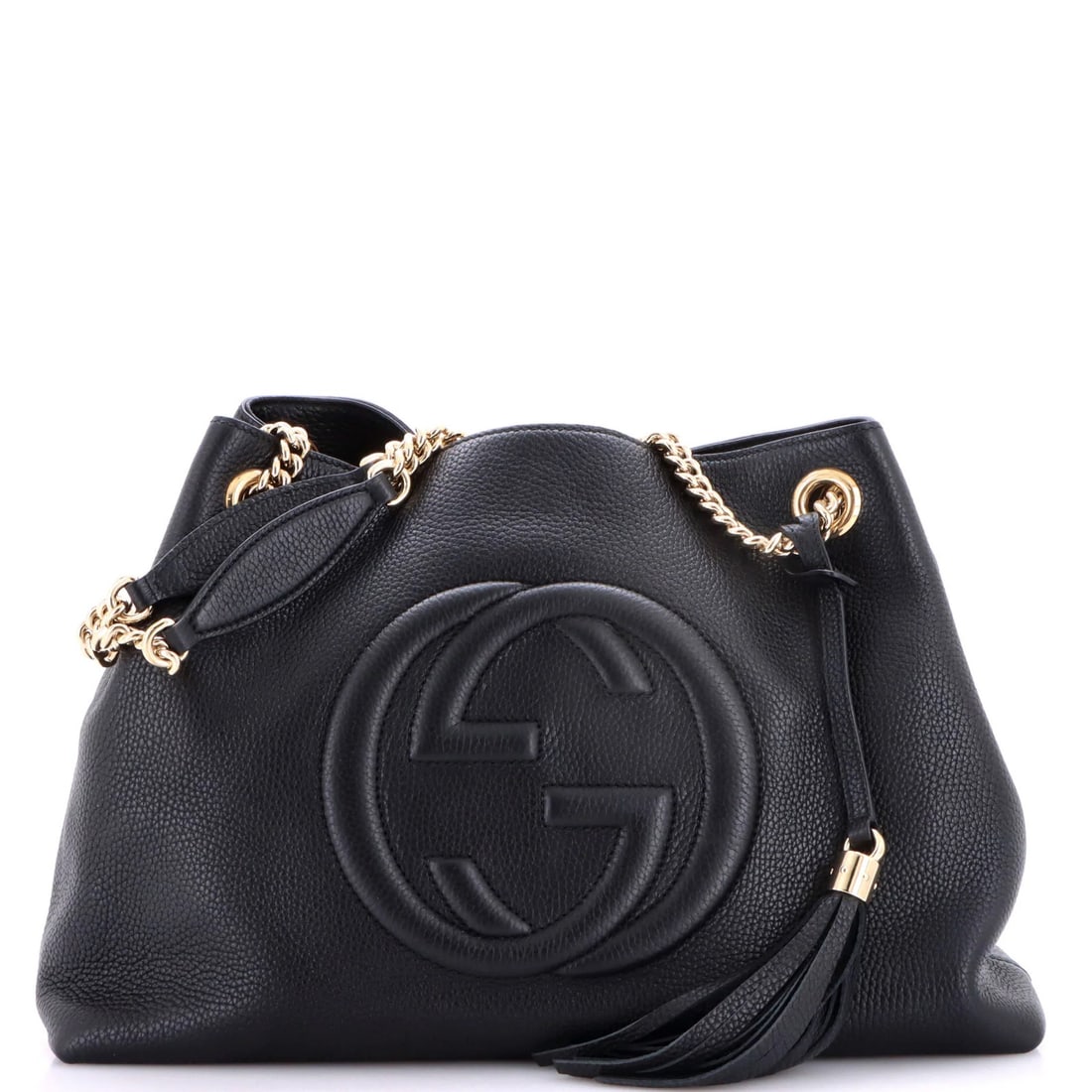 Leather Medium Gucci Bag Strap Chain Soho: Leather Medium Gucci Bag Strap Chain Soho Black leather medium Gucci Soho chain strap shoulder bag features a classic design with a 10" handle drop and 18.5" strap drop. The exterior shows signs of
