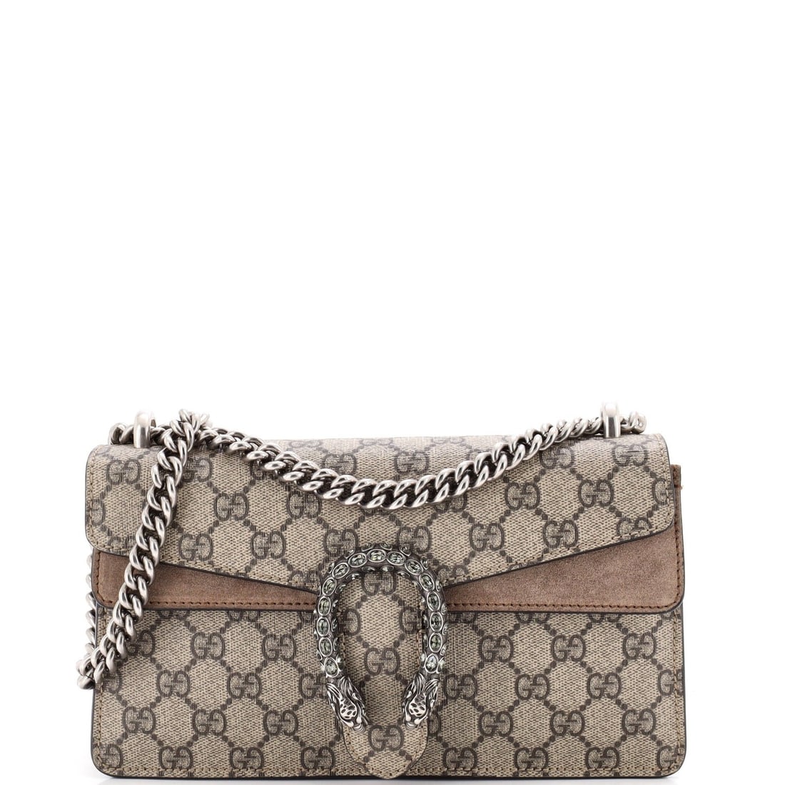 Small coated canvas bag GG Gucci Dionysus: Small coated canvas bag GG Gucci Dionysus Small GG Gucci Dionysus bag in brown coated canvas, featuring crystal and suede accents, with silver hardware and a classic shoulder design. Measuring 6"