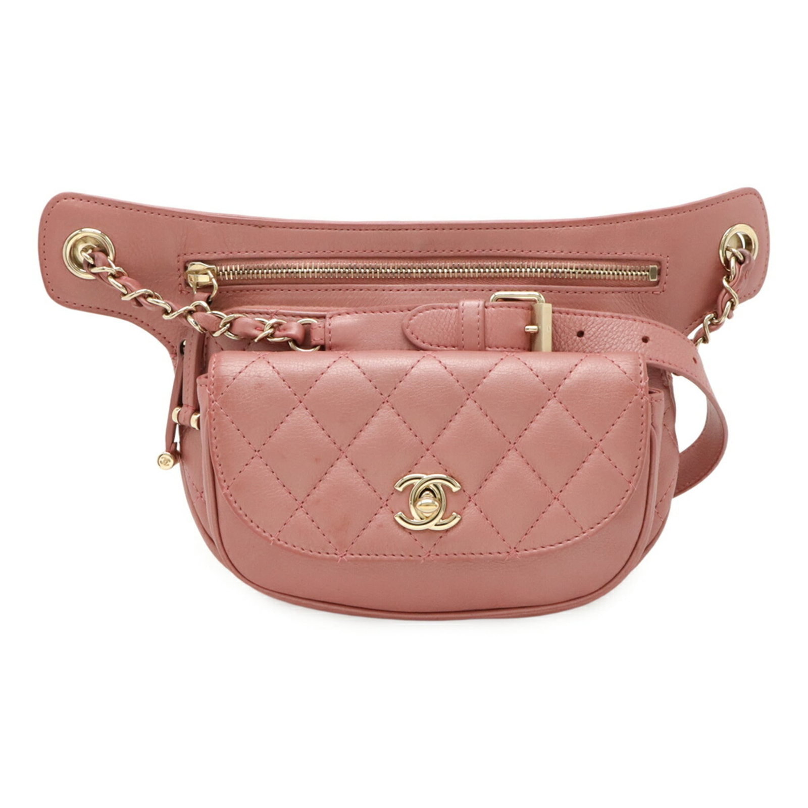 Bag Leather Pouch Chanel Sling: Bag Leather Pouch Chanel Sling Pink leather pouch with gold hardware, featuring a fastener and flap closure, and a zipper pocket, adjustable strap, and outer flap pocket. This Chanel Matelasse sling b