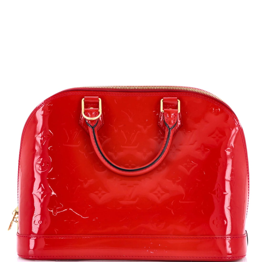 Louis Vuitton Alma Monogram Vernis Handbag PM: Louis Vuitton Alma Monogram Vernis Handbag PM Patent leather exterior with a bold red color, the Louis Vuitton Alma Monogram Vernis Handbag PM boasts a striking design. Measuring 9" in height and 12" 