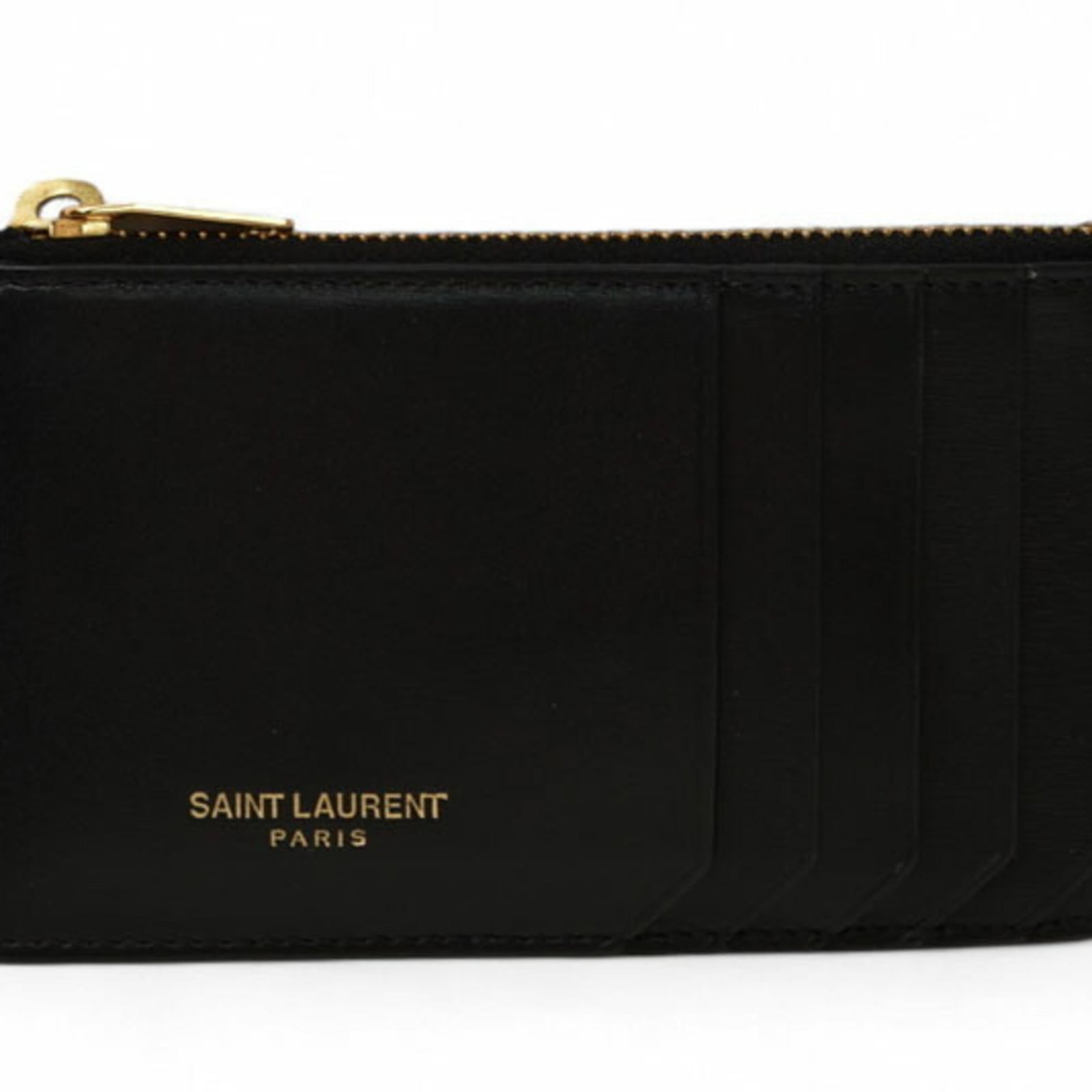 Saint Laurent Card Wallet Leather: Saint Laurent Card Wallet Leather Black leather card wallet from Yves Saint Laurent, featuring a sleek design with a 7.5cm x 13cm x 1cm size. Comes with a box and dust bag for storage and protection.