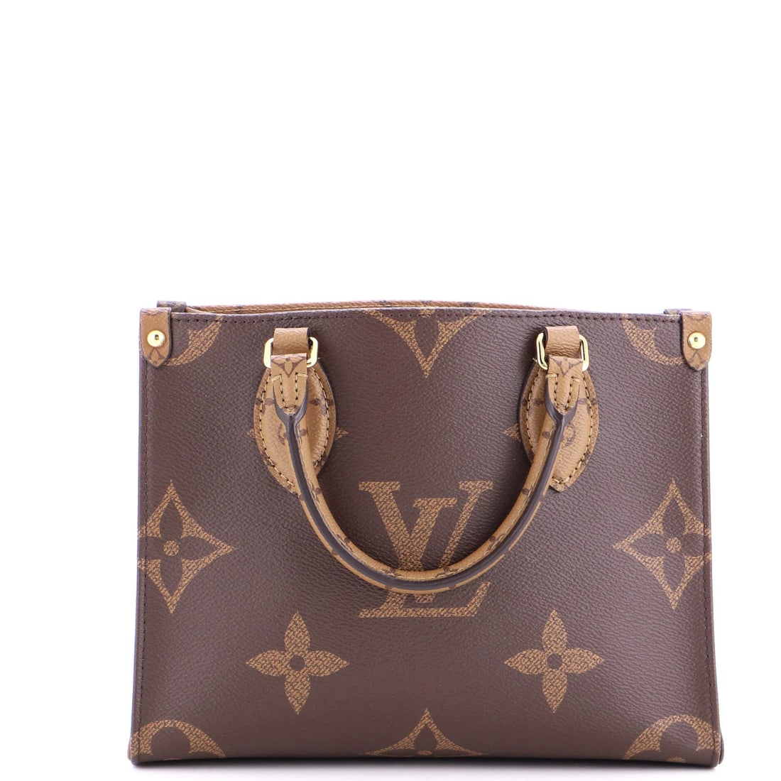 OnTheGo Louis Vuitton Giant Monogram Tote Reverse PM: OnTheGo Louis Vuitton Giant Monogram Tote Reverse PM Brown Louis Vuitton Giant Monogram Tote with Reverse PM Style, featuring a canvas-coated exterior and red interior, measures 7.5" high and 10"