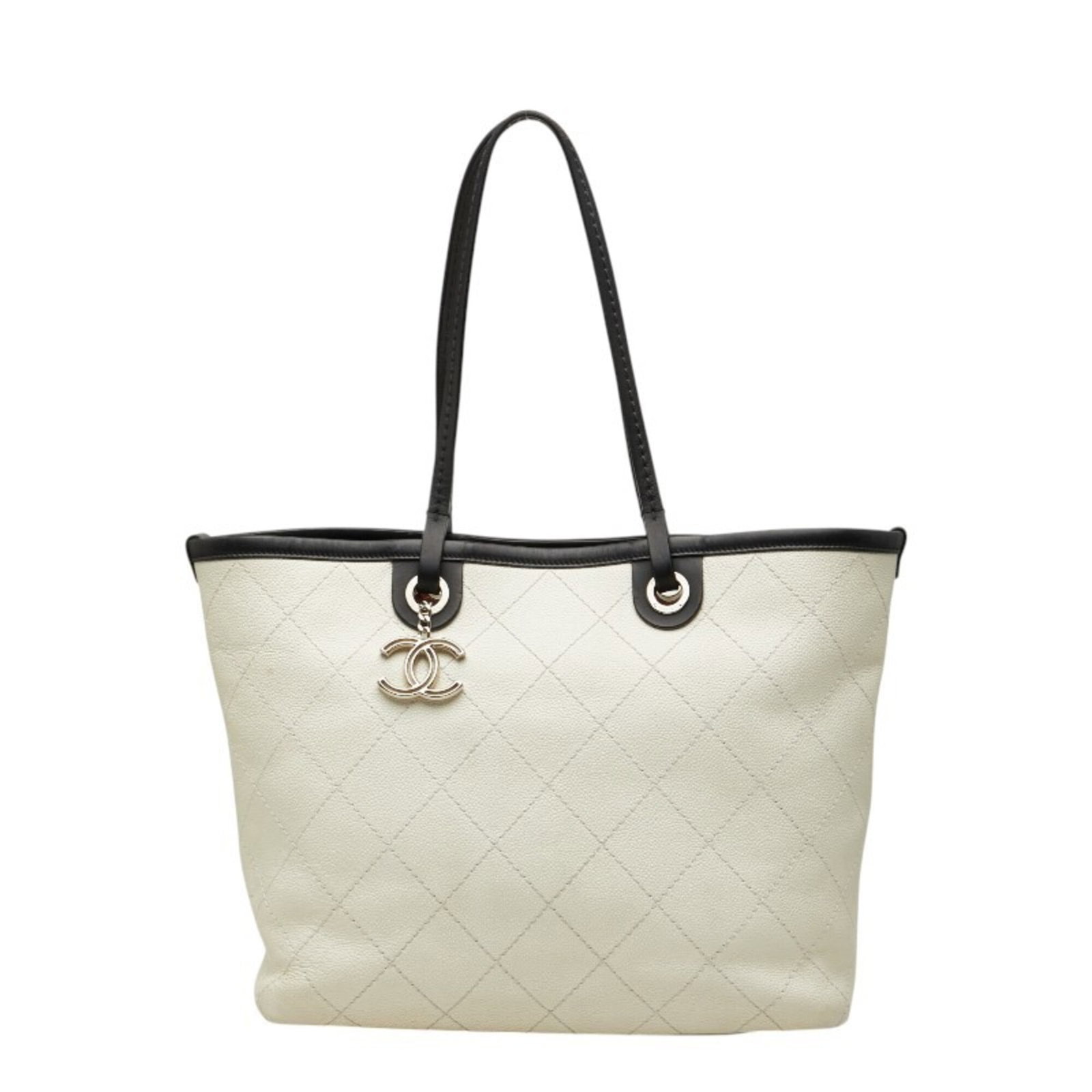 Calfskin Grained Shoulder Bag Tote Bag Chanel: Calfskin Grained Shoulder Bag Tote Bag Chanel White Grained Calfskin Shoulder Bag Tote Bag from Chanel, featuring a classic design with a 29cm x 33cm x 14.5cm size. This iconic bag is crafted from