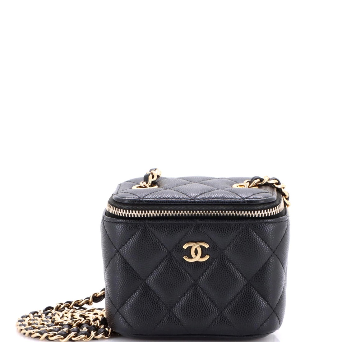 Vanity Case Quilted Caviar with Chain Classic Chanel: Vanity Case Quilted Caviar with Chain Classic Chanel Black leather Classic Vanity Case with Chain Quilted Caviar design, featuring a mini size with a 23" strap drop. The exterior shows minor scuffs an