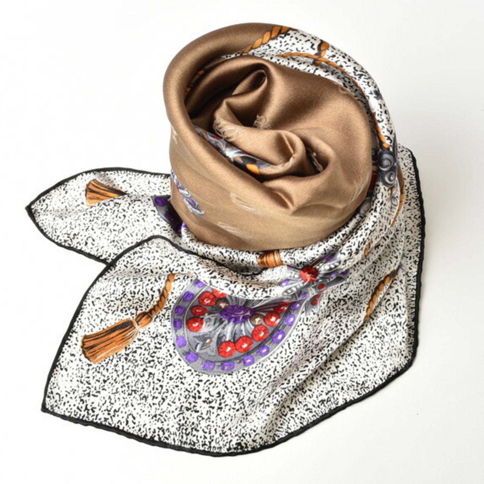 Silk Scarf by Christian Dior: Silk Scarf by Christian Dior Silk Scarf by Christian Dior, measuring 88cm x 88cm, features a rich brown and white color combination. Made from high-quality silk, this scarf boasts a classic design