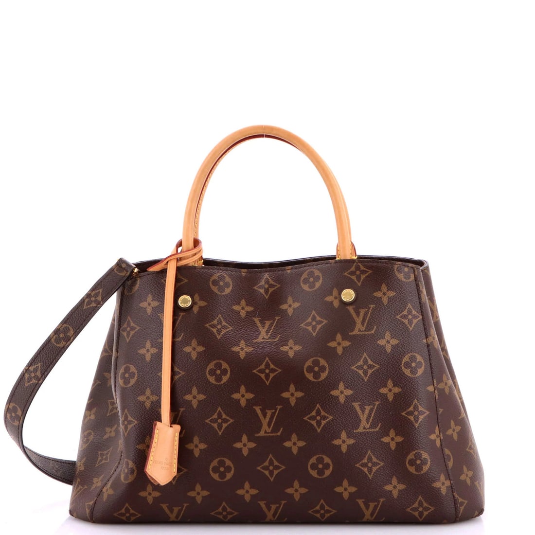 Vuitton Louis Handbag Monogram Canvas MM Montaigne: Vuitton Louis Handbag Monogram Canvas MM Montaigne Brown Louis Vuitton Monogram Canvas MM Montaigne Handbag with Gold Hardware, featuring a classic tote design and signature Montaigne pattern, measure