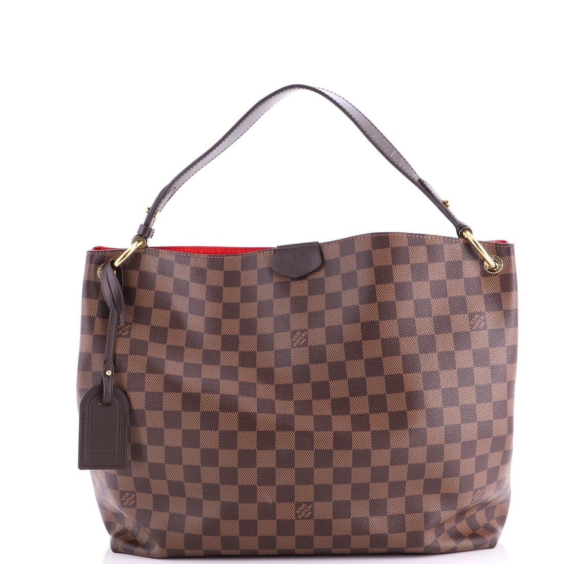 Handbag Damier MM by Louis Vuitton: Handbag Damier MM by Louis Vuitton The Handbag Damier MM by Louis Vuitton boasts a classic canvas coated exterior in rich brown, adorned with the iconic Damier pattern. Measuring 13" tall and 14"