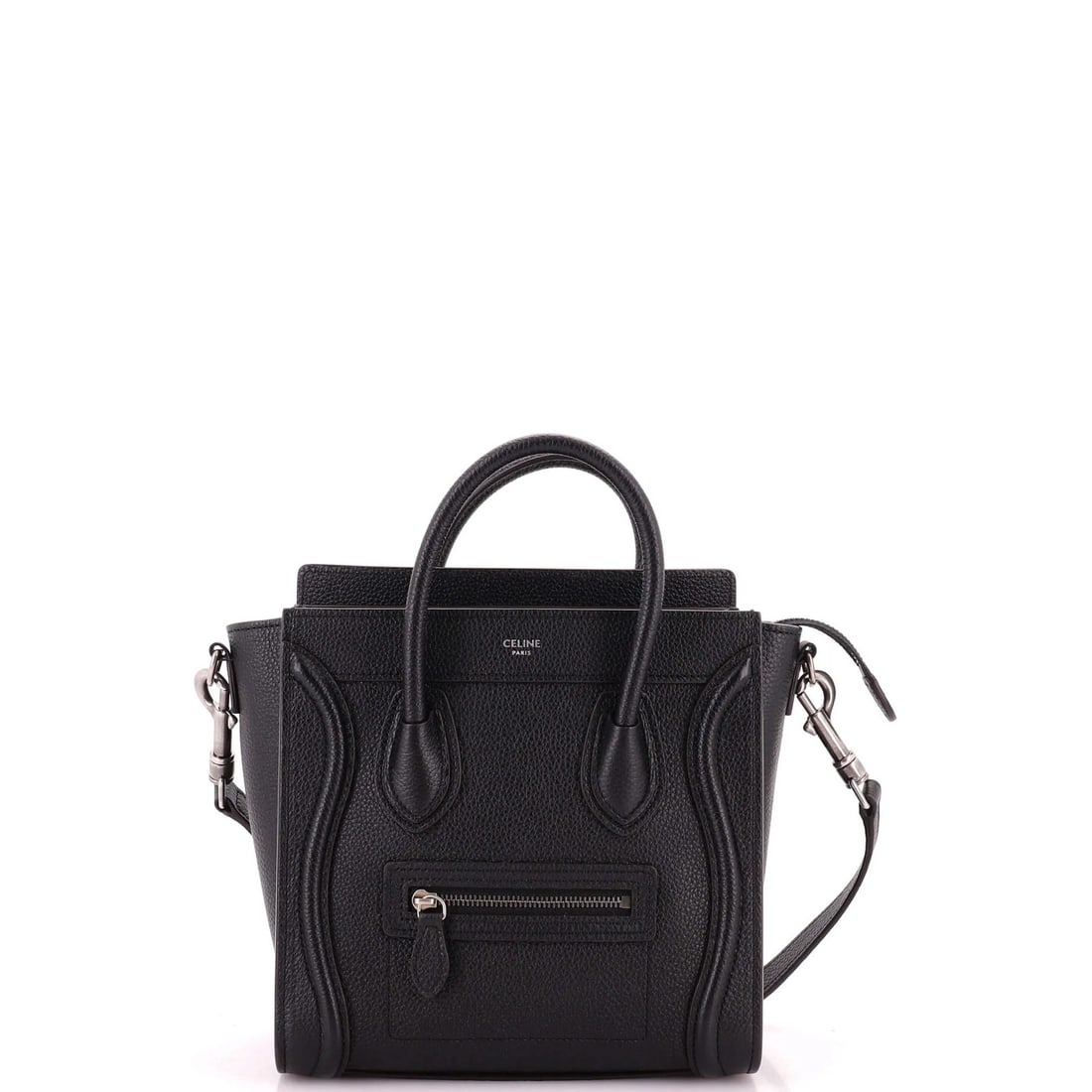 Luggage Bag Grainy Leather Nano Celine: Luggage Bag Grainy Leather Nano Celine Black Grainy Leather Nano Celine Cross Body Bag with Suede Interior and Silver Hardware. Measures 8" tall, 7.5" wide, and 4" deep, with a 3" drop handle and 19"