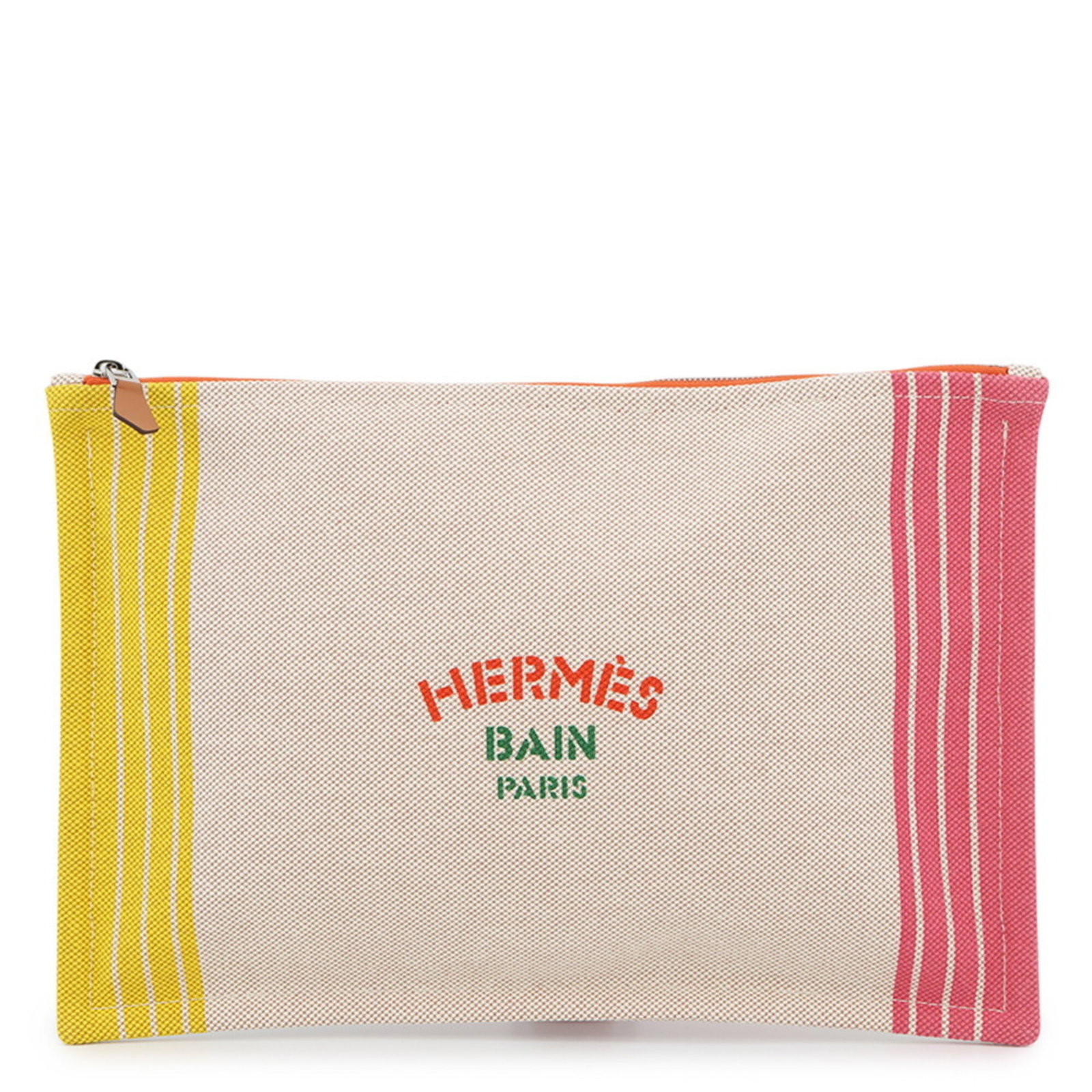 Cotton Pouch Hermes: Cotton Pouch Hermes Cotton Pouch from Hermes, a French luxury brand, made from high-quality cotton and featuring a vibrant green, pink, and yellow color combination. The pouch measures 19cm x 28.5cm