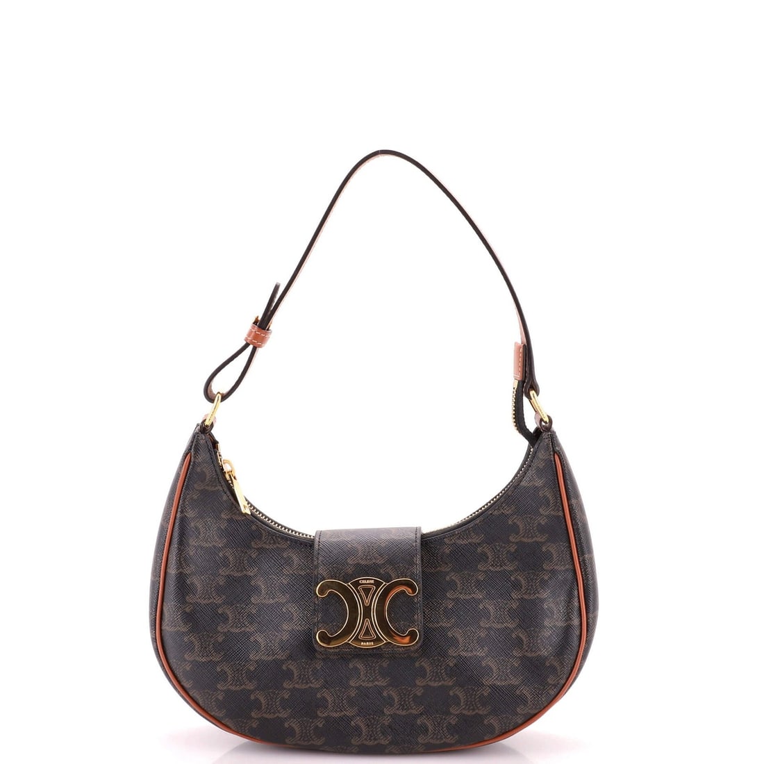 Canvas Coated Triomphe Bag Triomphe Ava Celine: Canvas Coated Triomphe Bag Triomphe Ava Celine The Celine Ava Triomphe Bag Triomphe Coated Canvas features a classic brown canvas exterior with gold hardware, complemented by a rich brown interior.