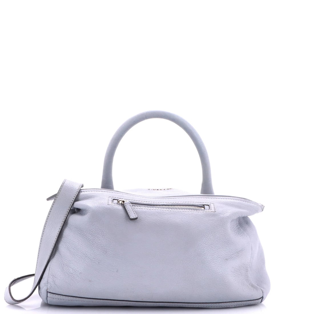 Pandora Medium Bag Leather Givenchy: Pandora Medium Bag Leather Givenchy Gray leather shoulder bag from Givenchy, featuring a medium size with 7" handle drop and 20" strap drop. The bag has a subtle gray color with minor creases, corner