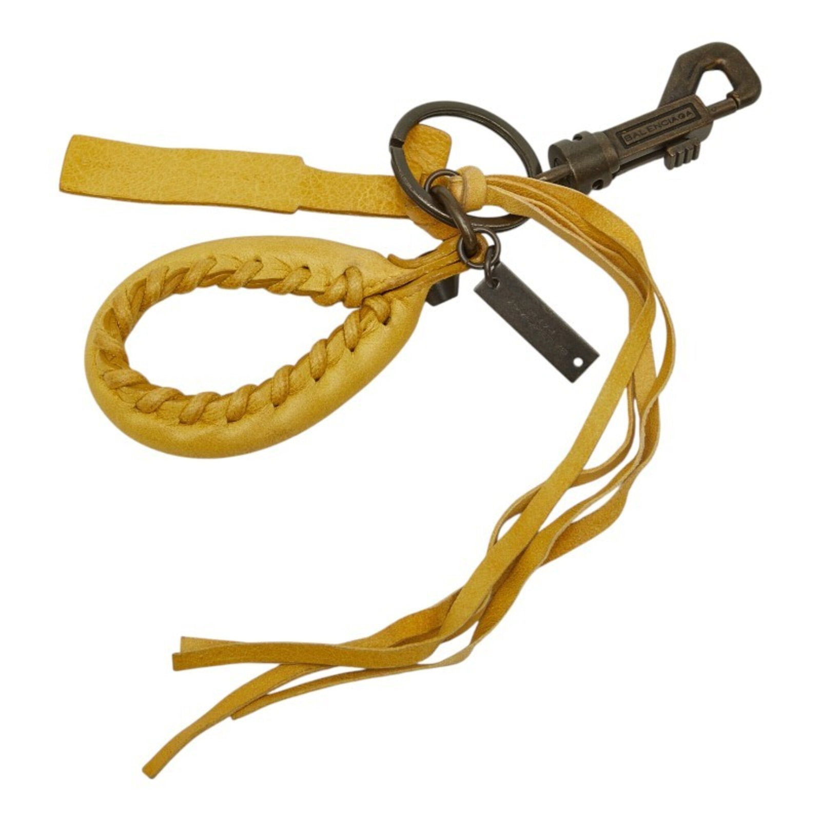 Metal Leather Balenciaga Keyring: Metal Leather Balenciaga Keyring This Balenciaga keyring boasts a striking yellow leather exterior, complemented by a metal accent, making it a vibrant and eye-catching accessory. The keyring