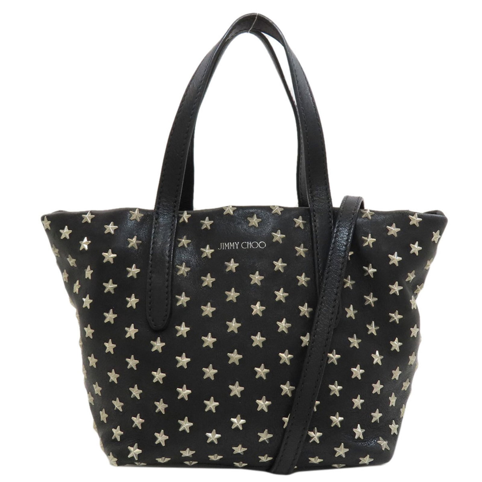 Jimmy Choo Handbag Leather: Jimmy Choo Handbag Leather Black leather Jimmy Choo handbag with zipper closure, measuring 16.5cm x 27cm x 11cm, features a 29cm long handle and 126cm long strap. The bag's sleek design and