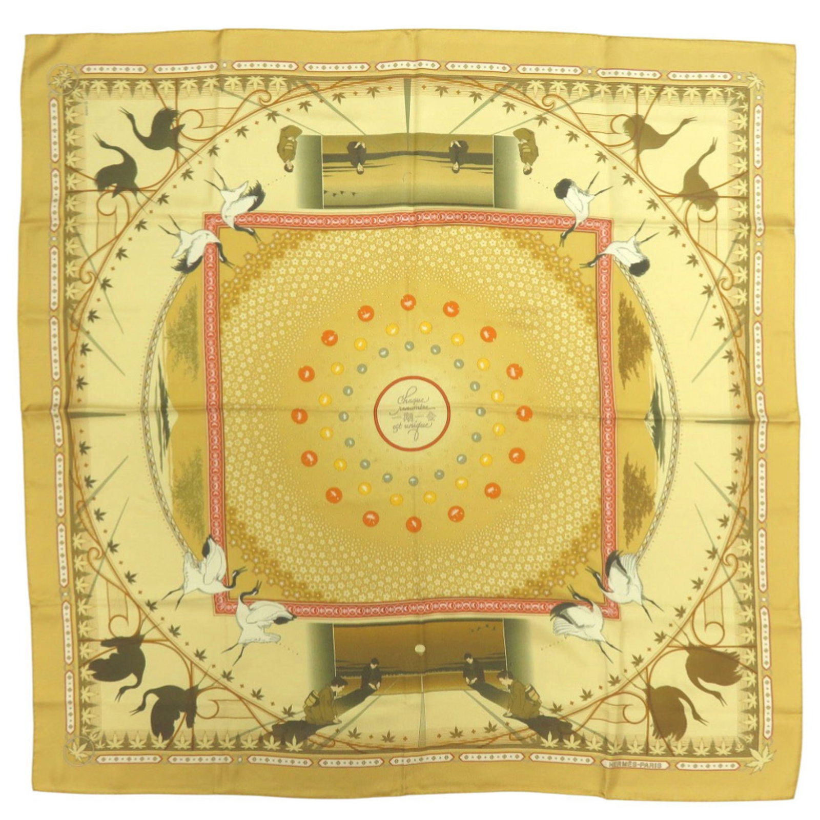 Silk Hermes Scarf: Silk Hermes Scarf Silk from France, this 88cm x 89.5cm yellow scarf is made from high-quality silk material. The scarf features a classic design, bearing a signature, and is a great addition to any wo
