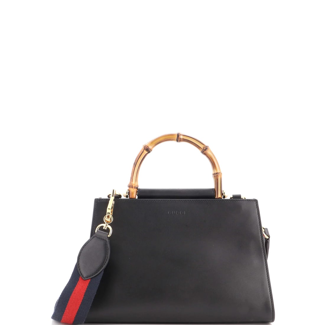 Small leather top handle bag Gucci: Small leather top handle bag Gucci Small leather top handle bag from Gucci, featuring a classic design with a bamboo accent. The black exterior has some edge wear and scuffs, while the interior is mad