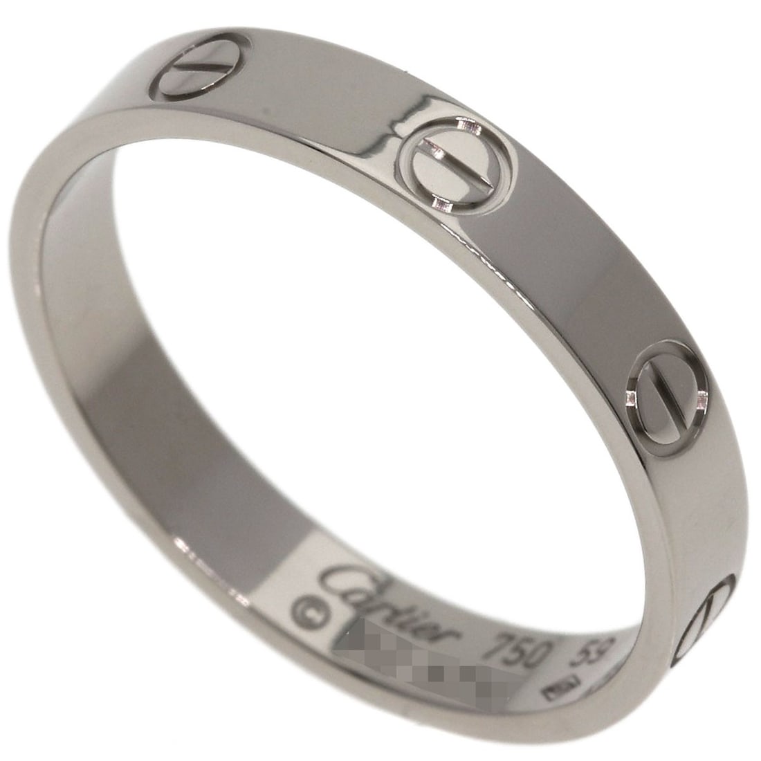 Cartier Mini Love Ring #59 Ring K18 White Gold: Cartier Mini Love Ring #59 Ring K18 White Gold Cartier Mini Love Ring #59 in K18 White Gold features a sleek silver metal exterior with a ring size of 9.25(US). This piece boasts a signature, but