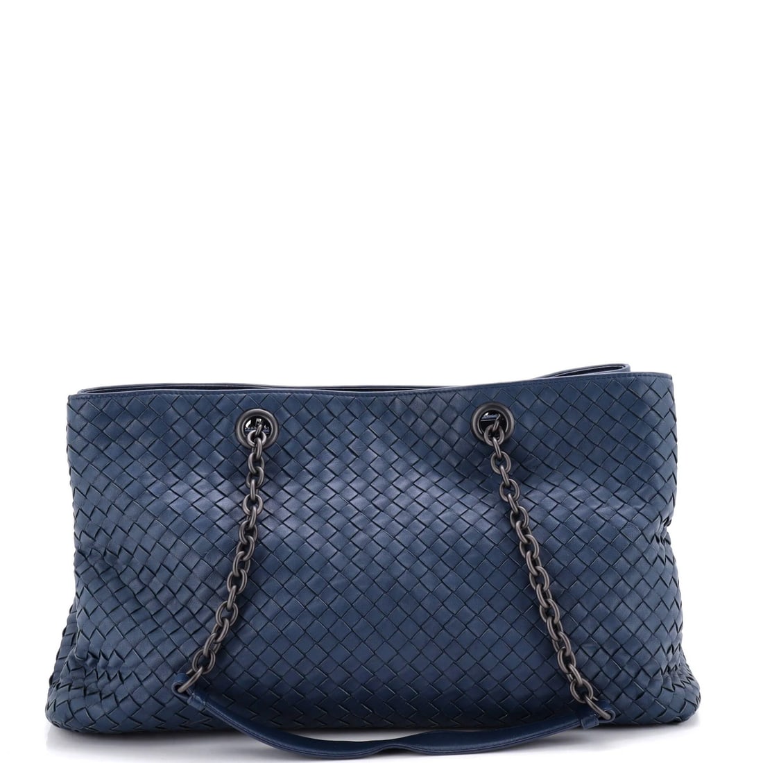 Veneta Bottega Tote Chain Double Intrecciato Large Nappa: Veneta Bottega Tote Chain Double Intrecciato Large Nappa Double Chain Tote in rich blue leather, featuring iconic Intrecciato weave and sturdy straps, this Bottega Veneta tote boasts a classic,